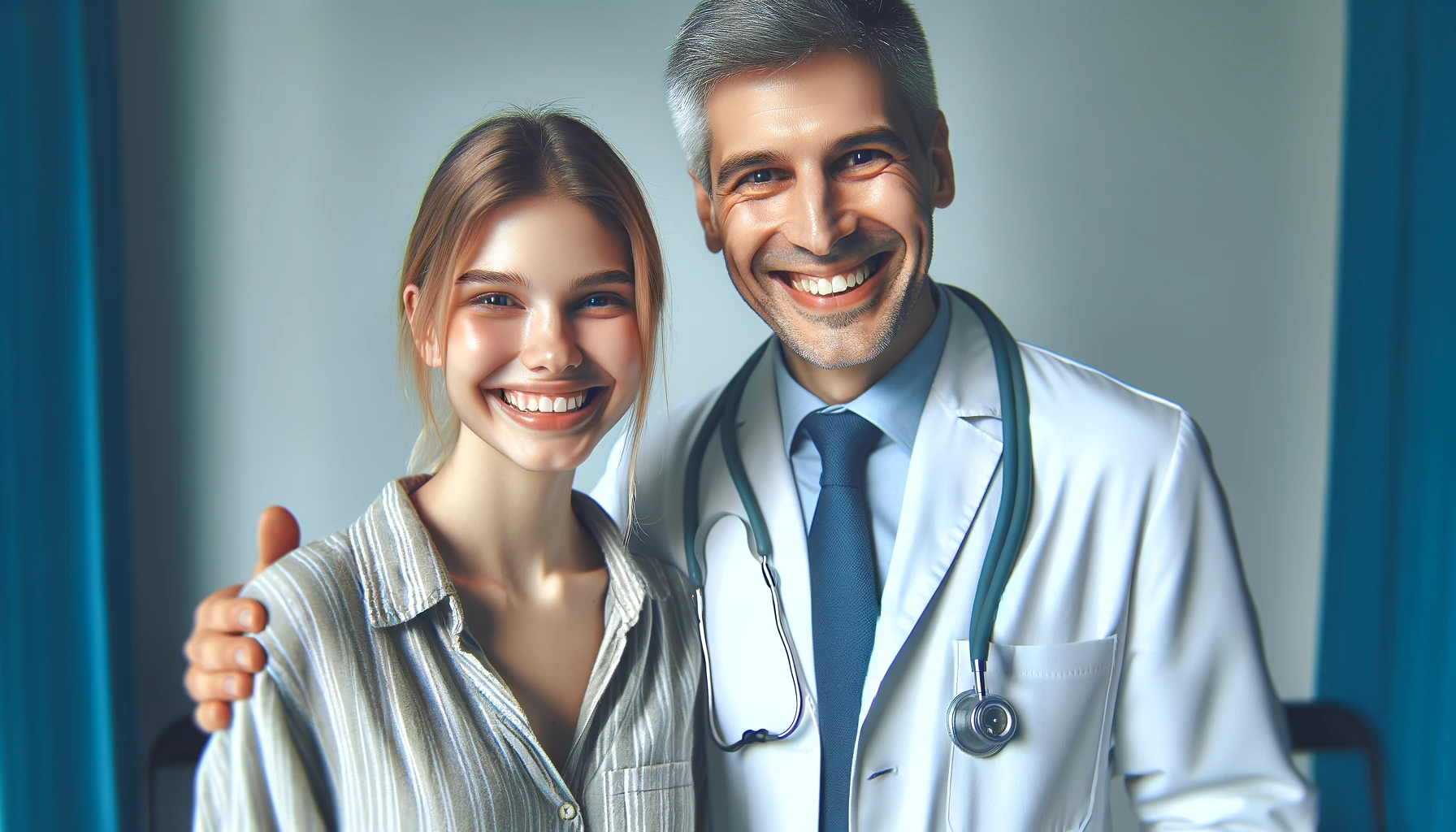 a doctor and a patient standing and smiling together