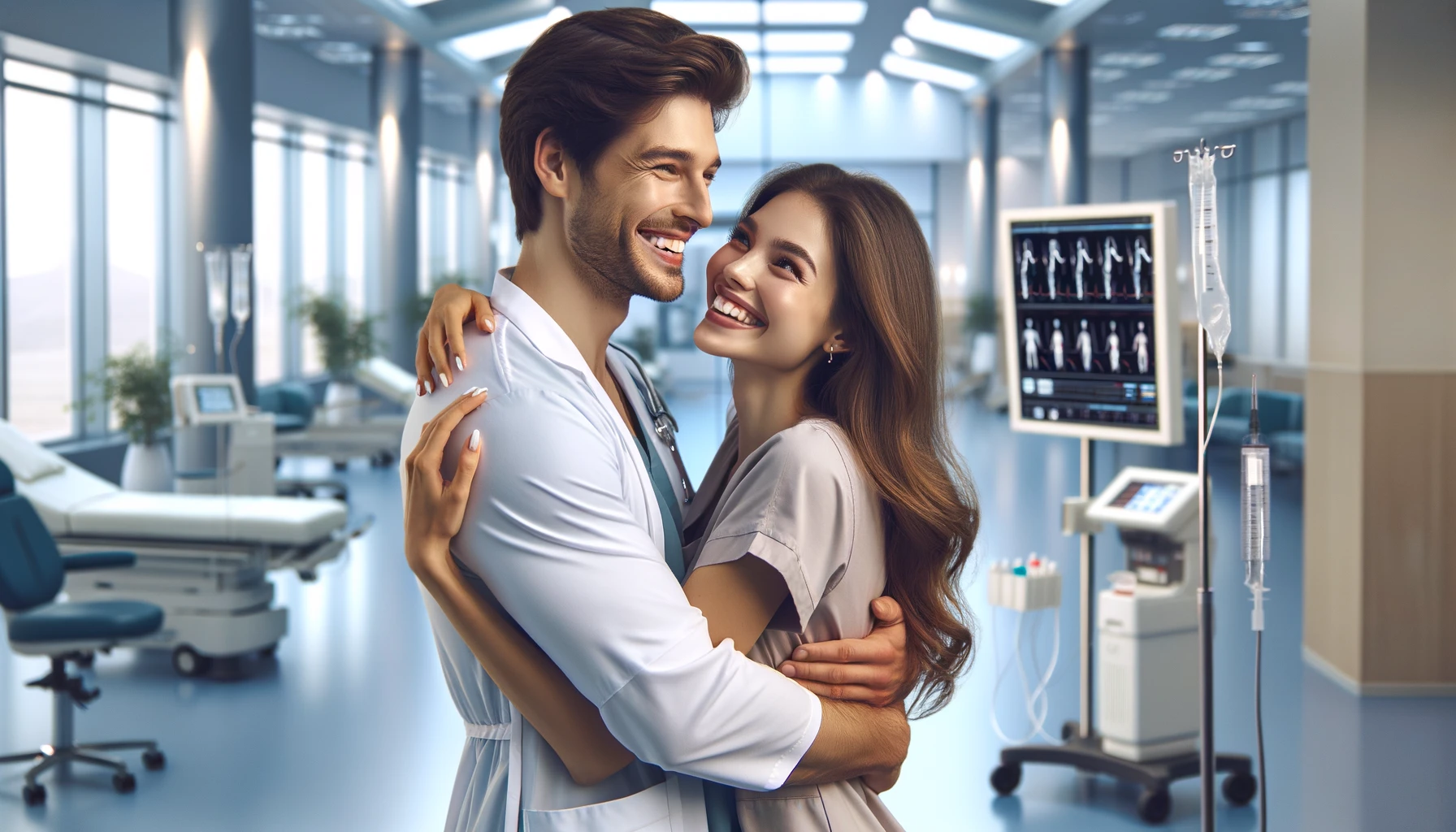 healthy couple hugging and smiling at each other in a medical setting