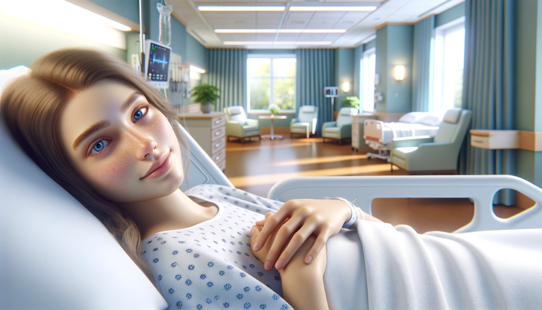 
the girl lying in the beautiful hospital room
