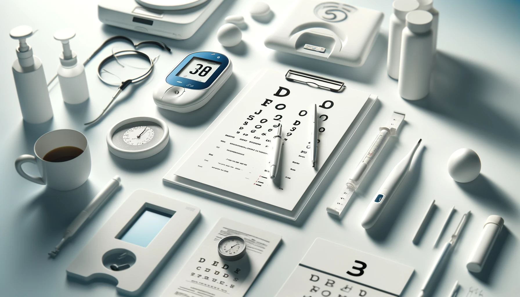 various health check-up and screening tools arranged on a clean, white surface. The items include a glucose meter, an eye chart, a scale, and various medical forms and charts.
