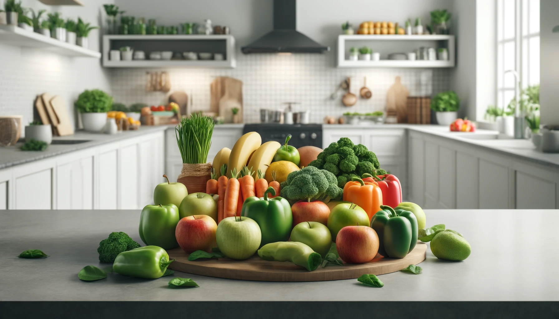 The assortment of apples, bananas, carrots, broccoli, bell peppers, and leafy greens, all arranged neatly on a wooden cutting board.