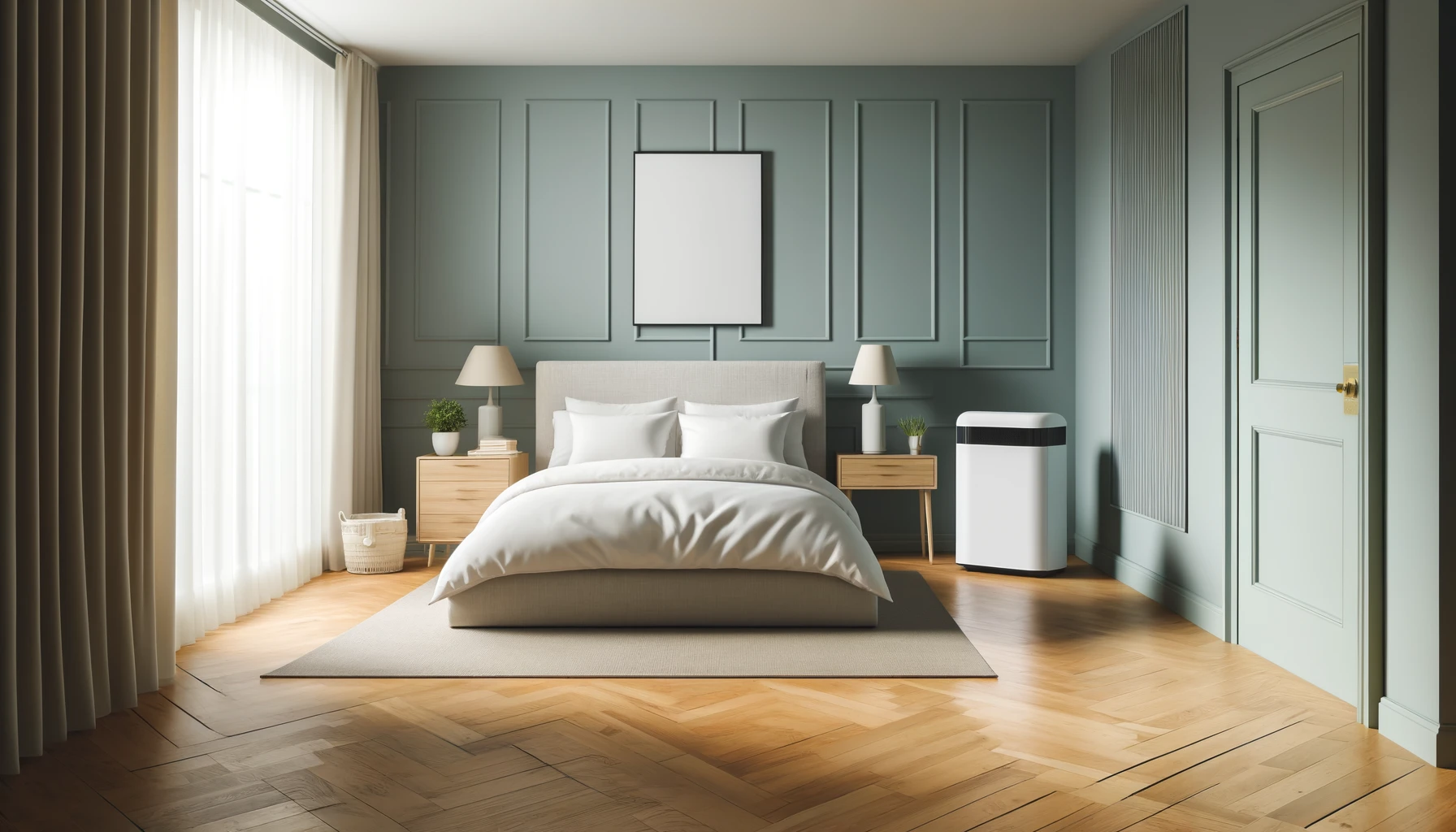 a clean and modern bedroom designed to minimize allergens. The room features hypoallergenic bedding, a HEPA air purifier, and wooden flooring. 