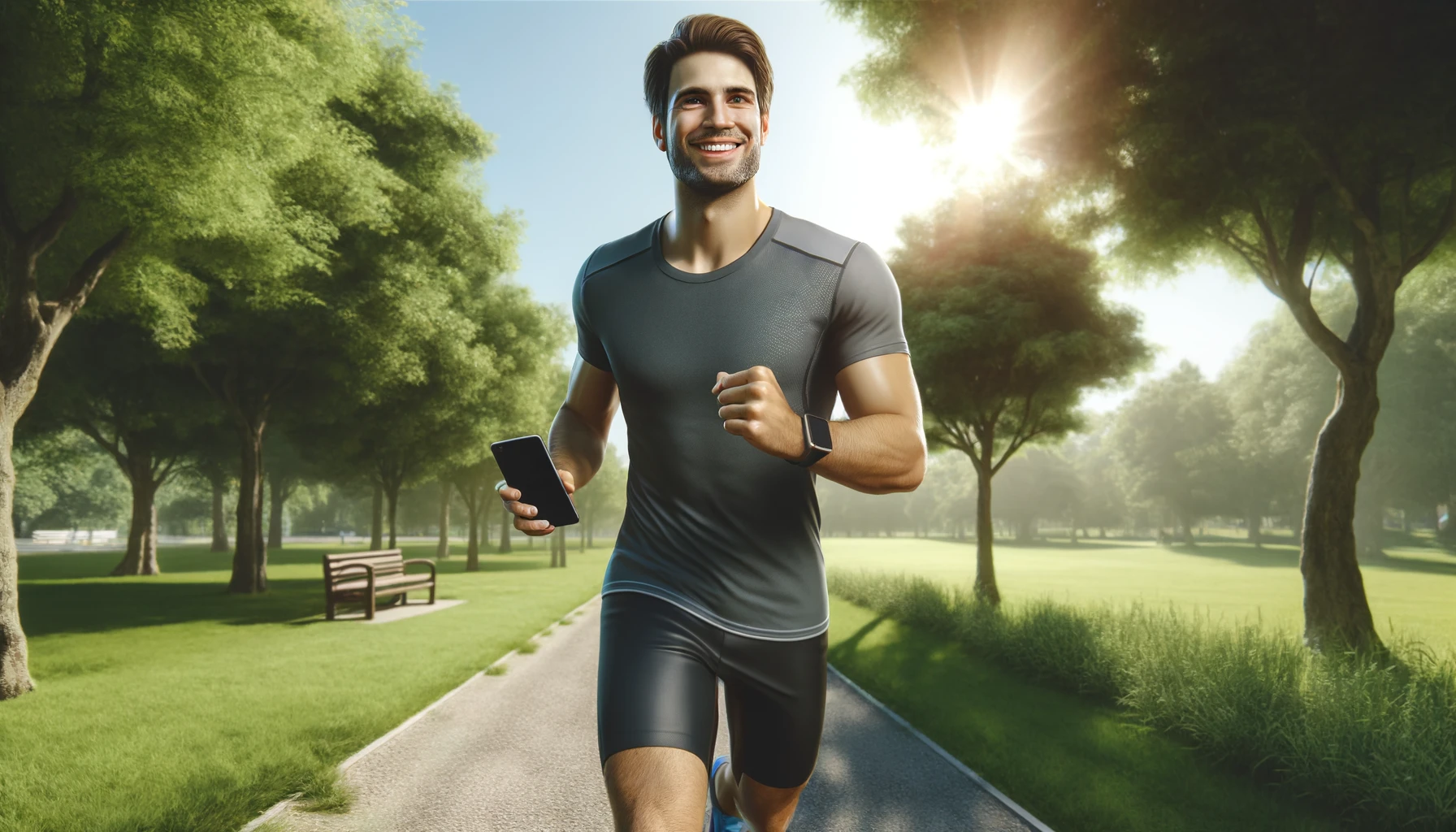 a smiling man running in a park and holding a phone. He looks happy and focused, with a phone in his hand, using a GPS app to track his run. 