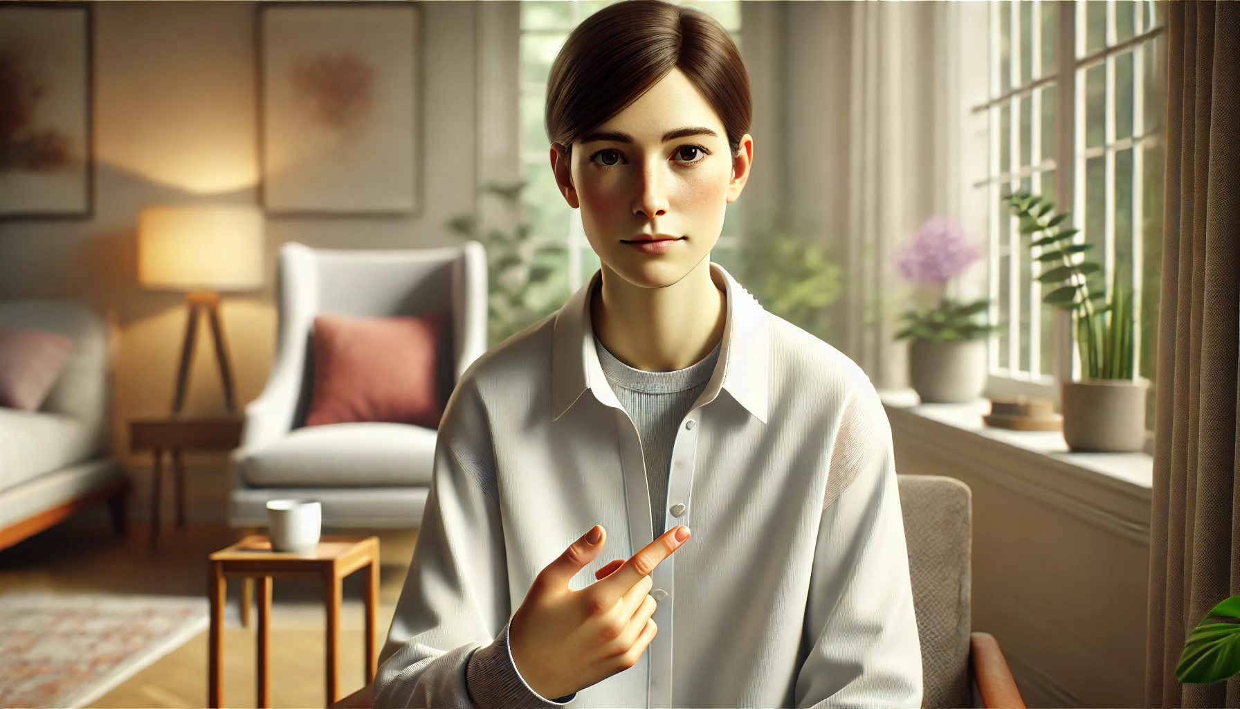 A concerned woman is sitting in a quiet, softly lit room about to have an acupuncture massage between her big and index fingers. 


