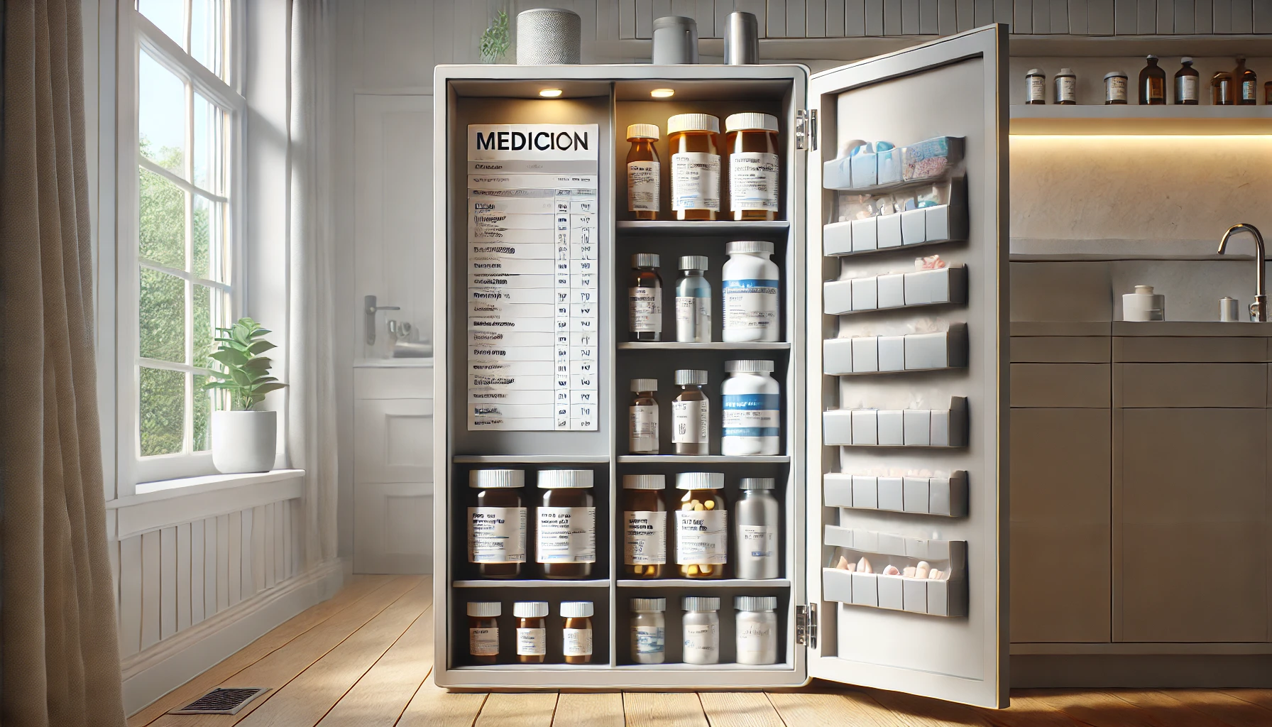 a clean and organized medicine cabinet. Inside the cabinet are clearly labeled pill bottles, a modern pill organizer, and a medication list pinned to the inner door.