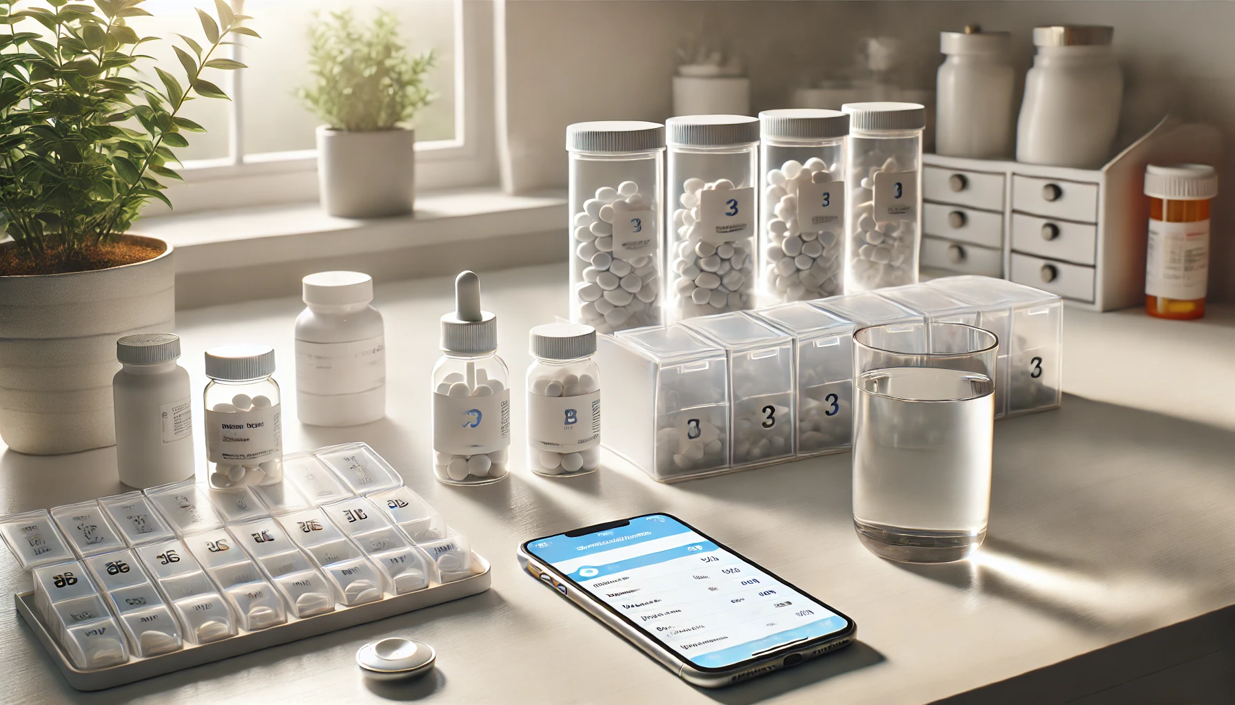 a home medication management setup on a clean countertop.