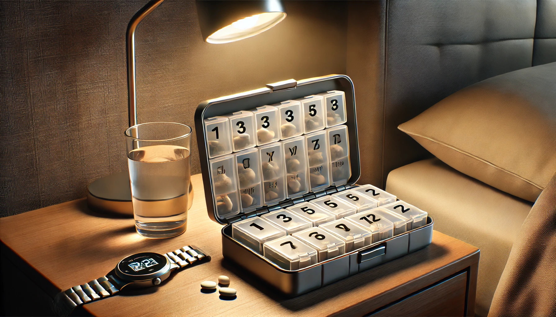 a sleek, travel-sized pill organizer on a bedside table. 