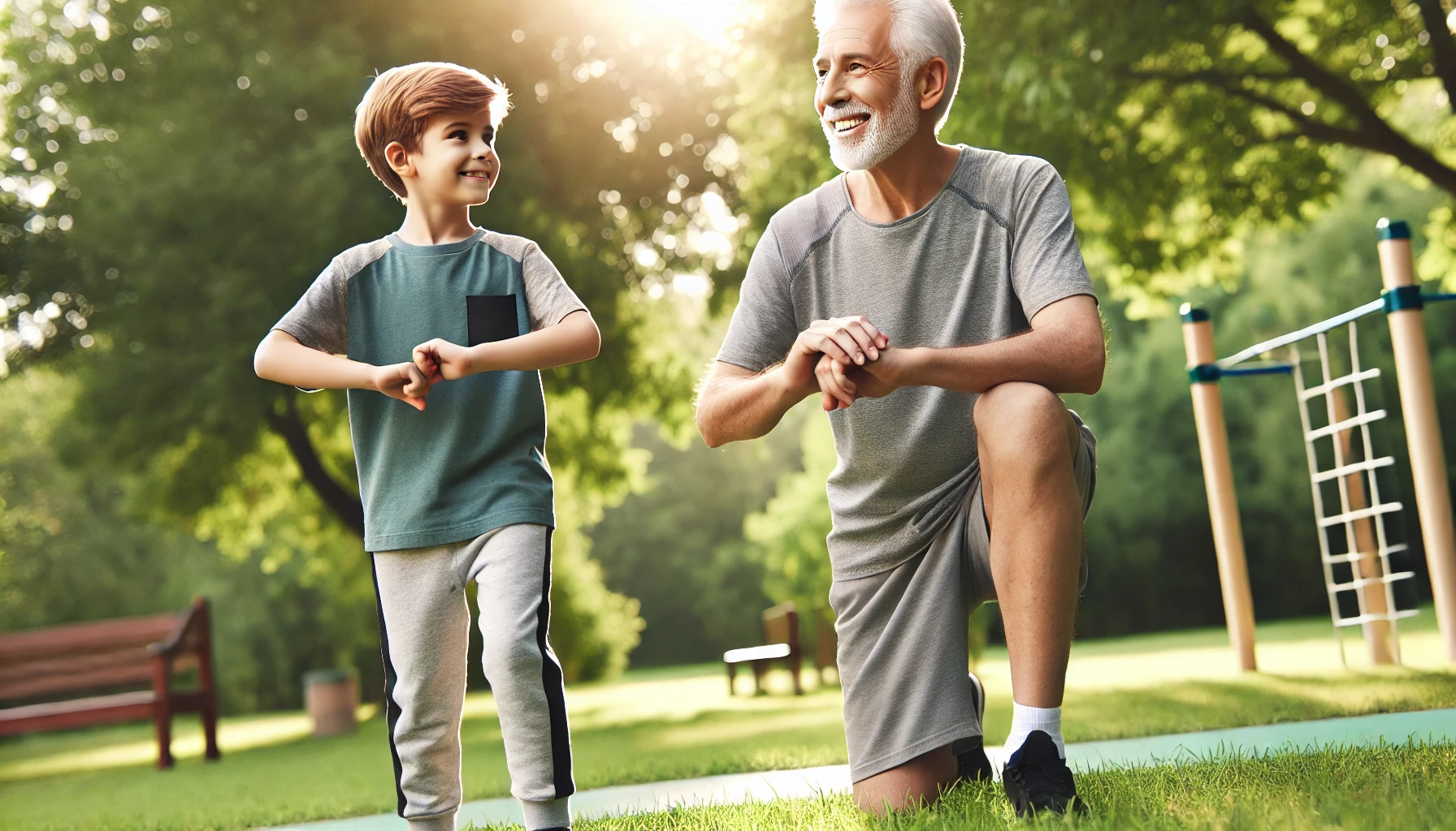 an elderly man and his grandson doing simple exercises outdoors. They are in a park, with greenery and trees around. The elderly man is wearing comfortable athletic clothing and smiling, while his grandson, a young boy, is dressed in casual sportswear.