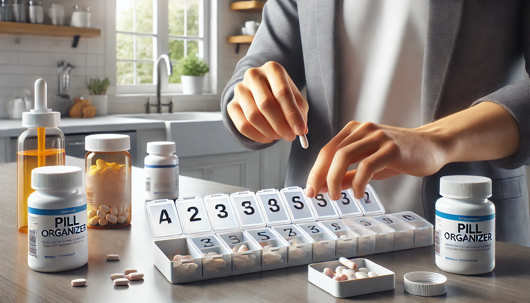 a person organizing their medications in a pill organizer on a clean, bright kitchen counter.