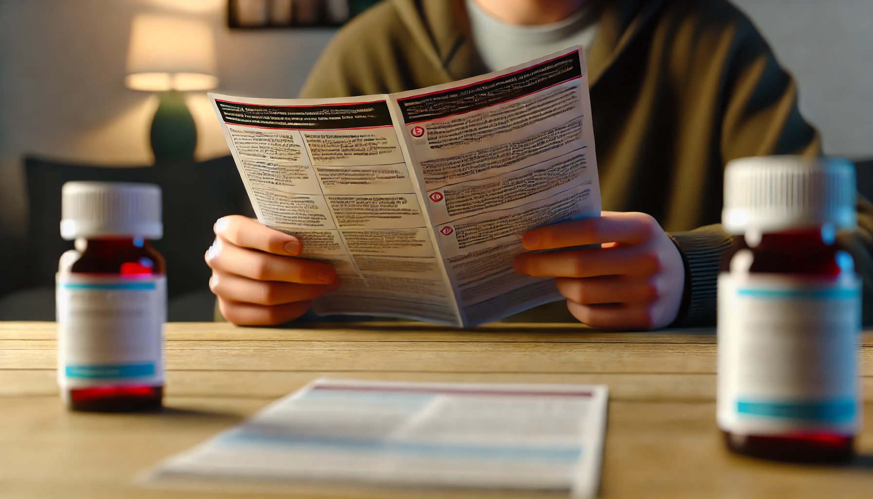 a person carefully reading a medication information leaflet.