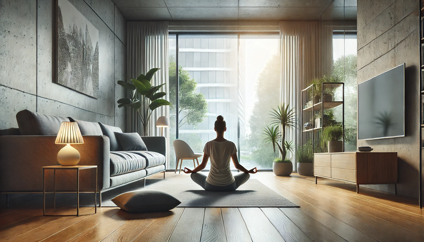 a person practicing stress management techniques in a serene, well-lit living room.