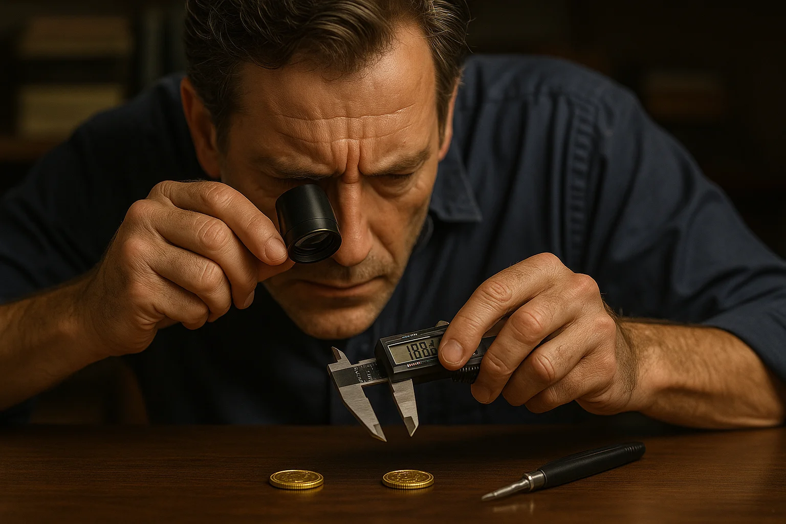 A collector sits at a table using precision tools and a magnifying glass to distinguish a real $1 gold coin from a counterfeit among coins laid out.