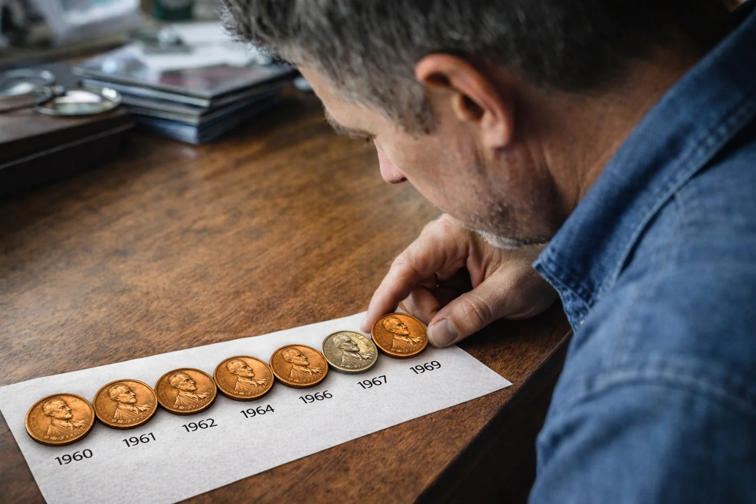 A collector compares several 1960s Lincoln pennies.