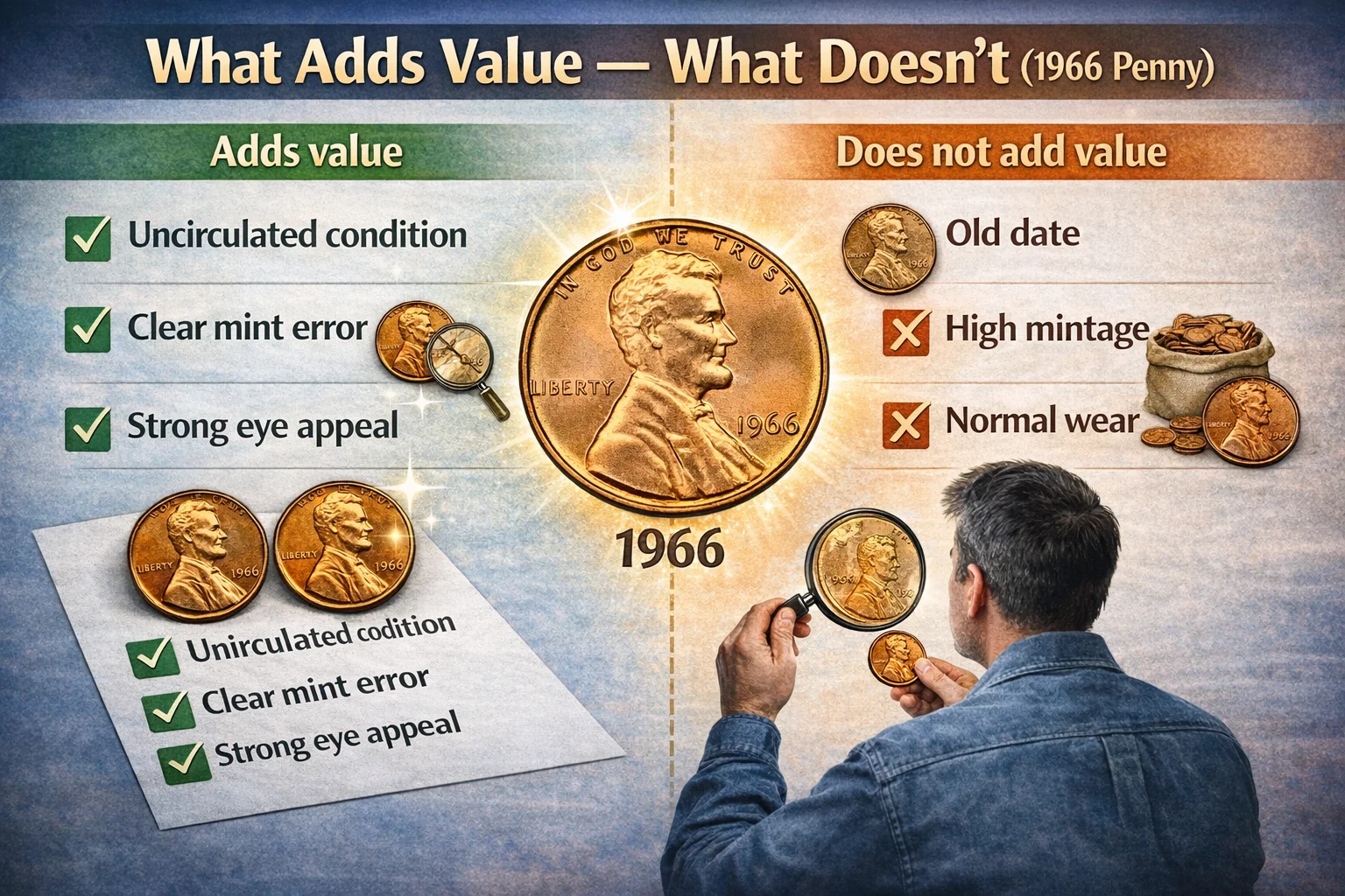 Сomparing factors that add value and do not add value to a 1966 Lincoln penny.